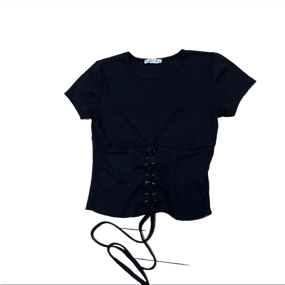 Rabbit Rose T-Shirt Tee Womens XS Crop Top Black Lace-Up Goth Witchy Ribbed XS